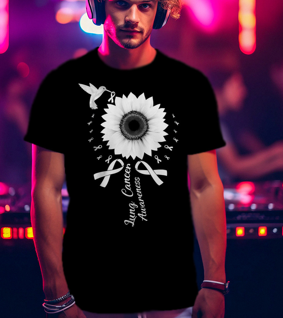 Lung Cancer Awareness Hummingbird Sunflower White T-Shirt
