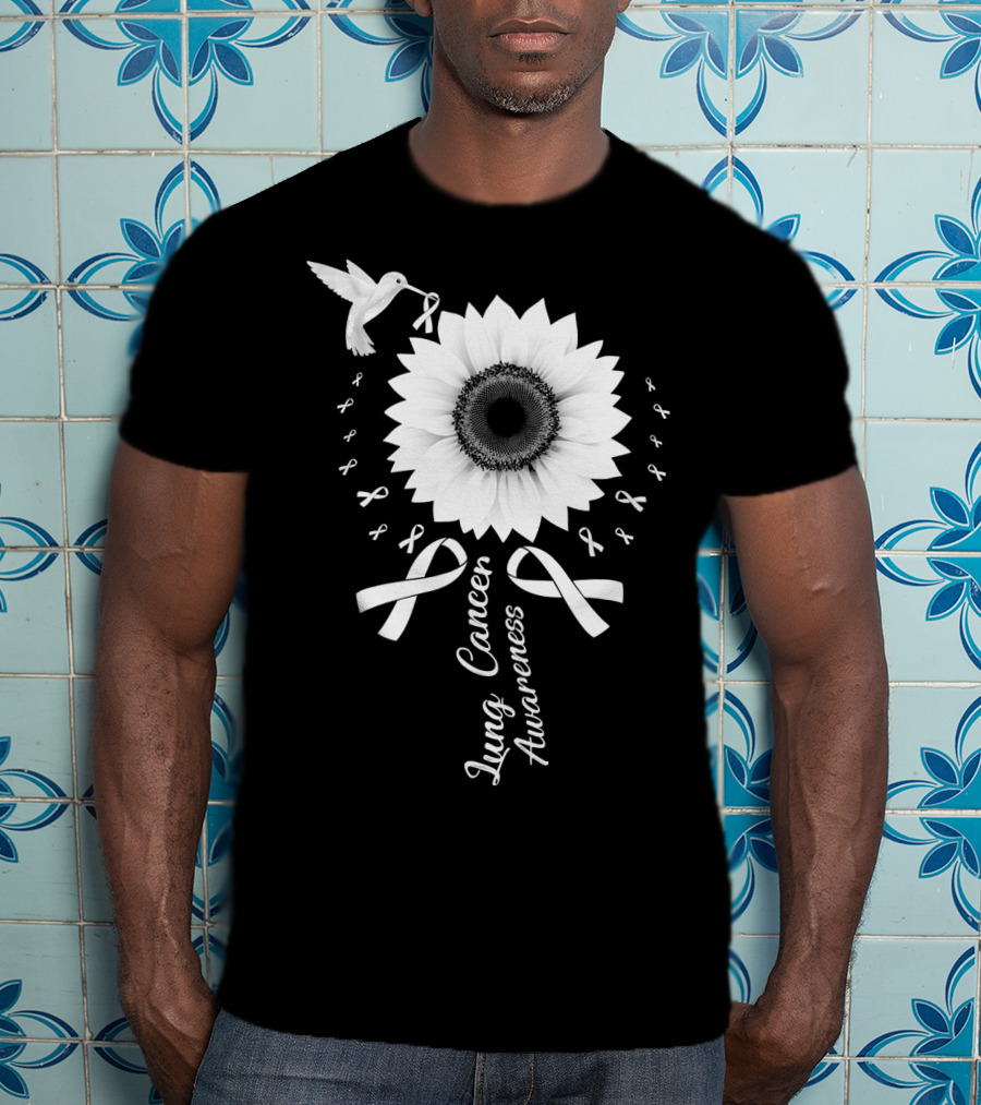 Lung Cancer Awareness Hummingbird Sunflower White T-Shirt