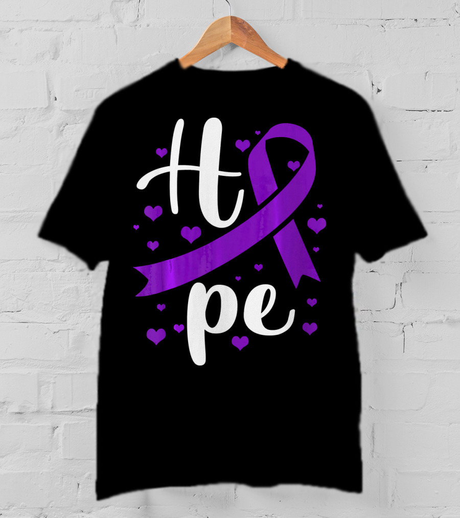 Hope Pancreatic Cancer Awareness Women Purple Ribbon Hearts T-Shirt