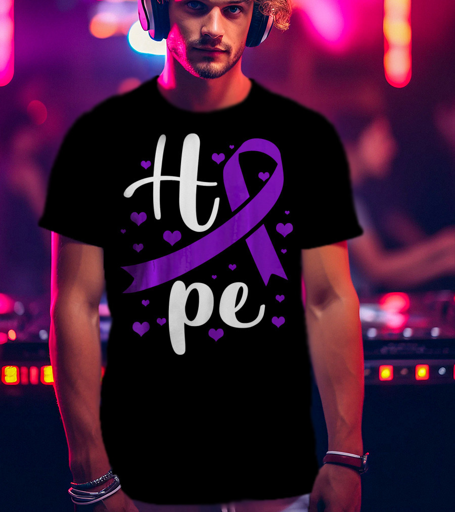 Hope Pancreatic Cancer Awareness Women Purple Ribbon Hearts T-Shirt