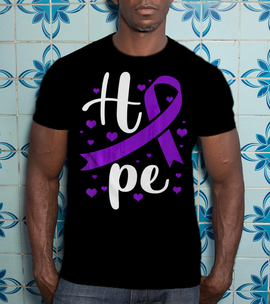 Hope Pancreatic Cancer Awareness Women Purple Ribbon Hearts T-Shirt
