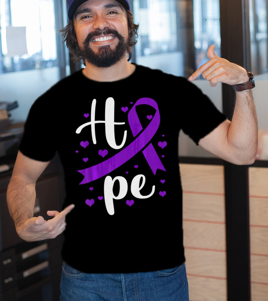 Hope Pancreatic Cancer Awareness Women Purple Ribbon Hearts T-Shirt