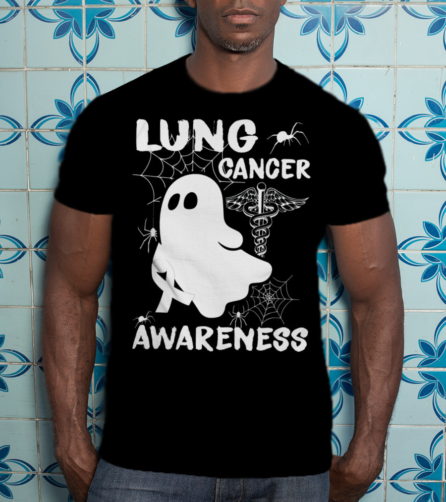 Lung Cancer Awareness Boo Ghost With Spider Webs And Spider T-Shirt