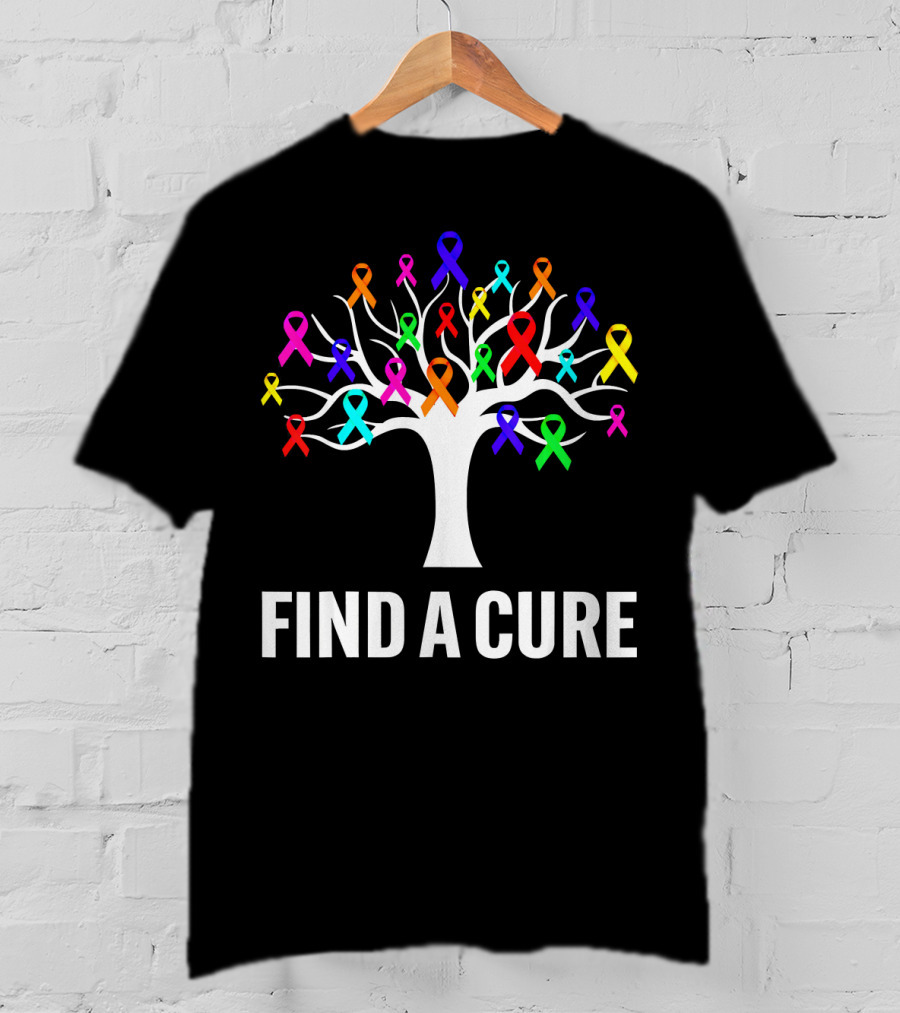 Find A Cure Rainbow Ribbons Cancer Awareness Tree T-Shirt