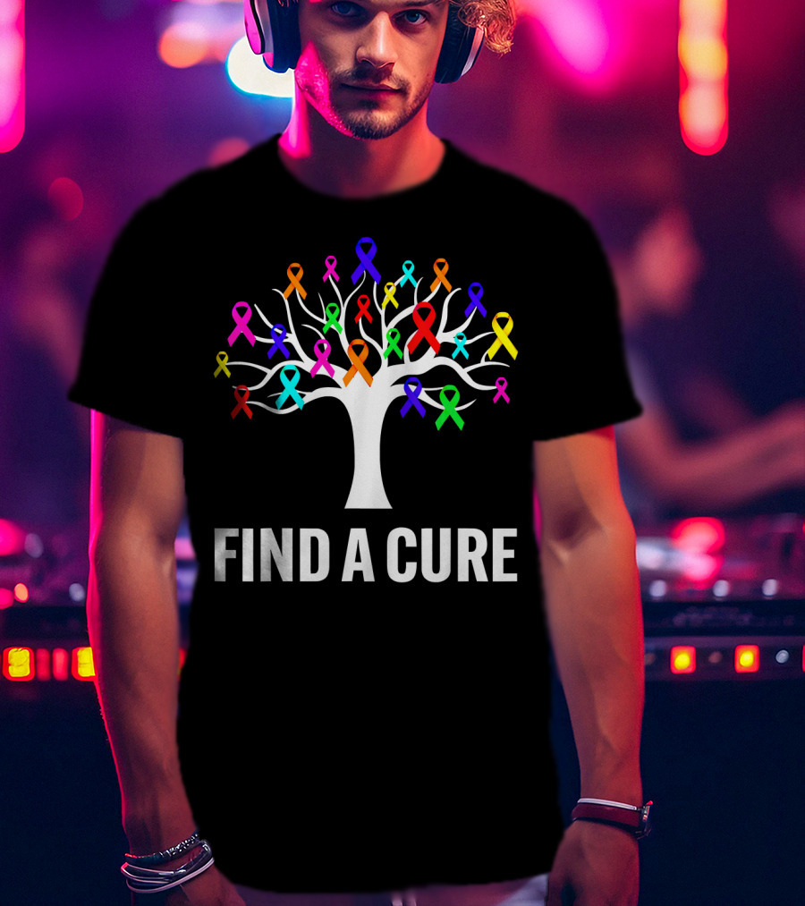 Find A Cure Rainbow Ribbons Cancer Awareness Tree T-Shirt