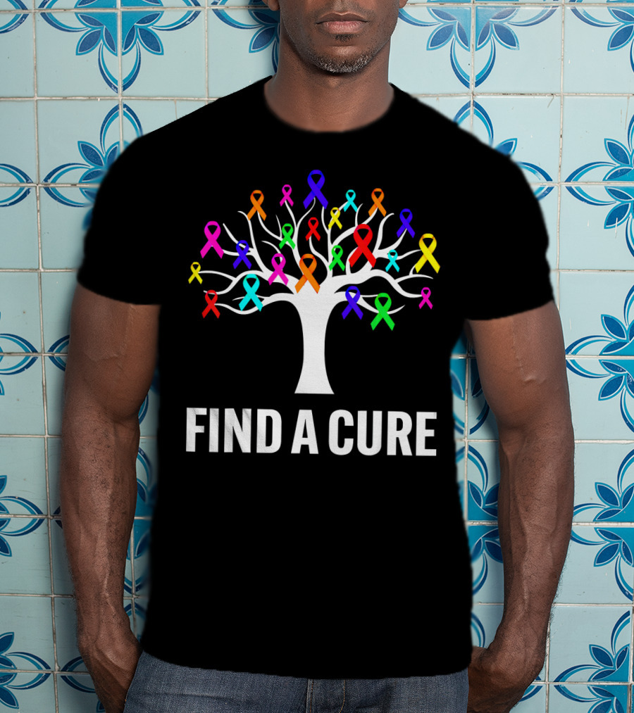 Find A Cure Rainbow Ribbons Cancer Awareness Tree T-Shirt
