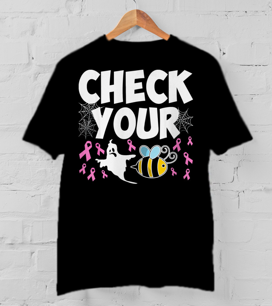 CHECK YOUR BOO BEES Breast Cancer Awareness Halloween Ghost And Bee With Ribbons T-Shirt