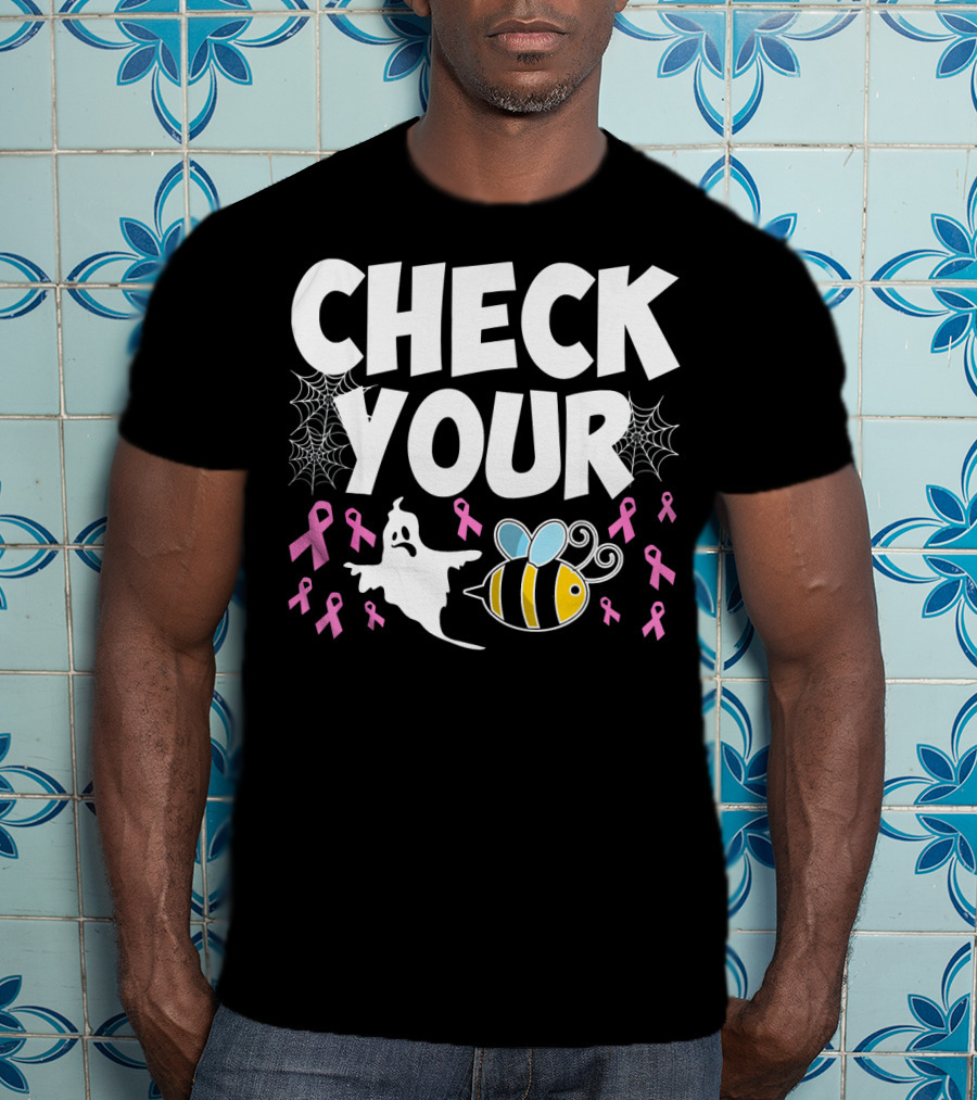 CHECK YOUR BOO BEES Breast Cancer Awareness Halloween Ghost And Bee With Ribbons T-Shirt