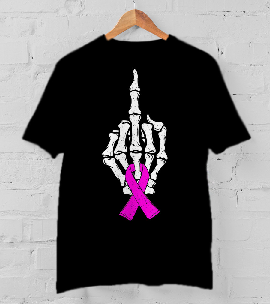 Breast Cancer Skeleton Middle Finger Pink Ribbon Awareness T-Shirt