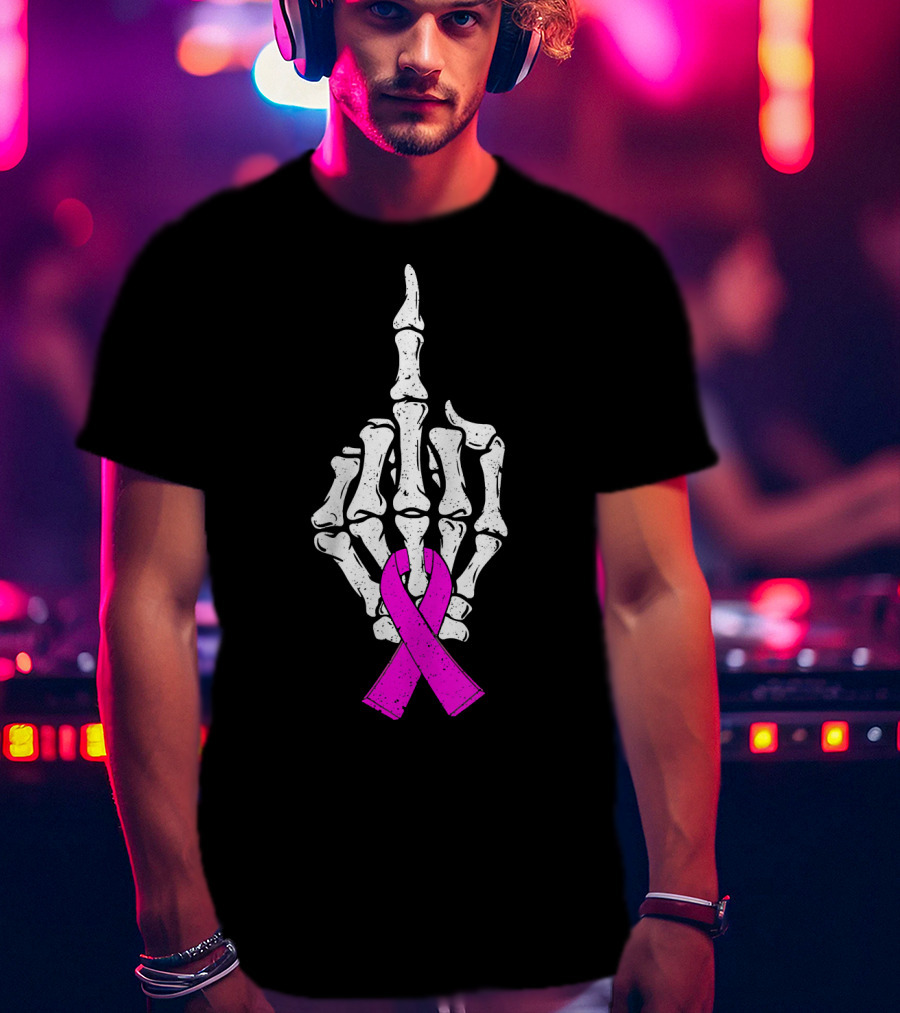 Breast Cancer Skeleton Middle Finger Pink Ribbon Awareness T-Shirt