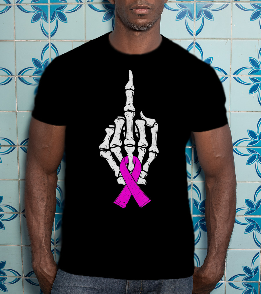 Breast Cancer Skeleton Middle Finger Pink Ribbon Awareness T-Shirt