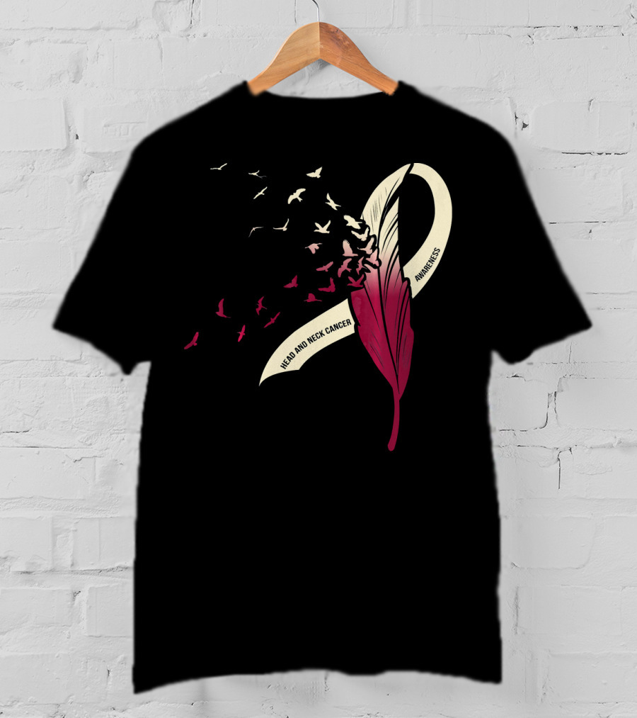 Head And Neck Cancer Awareness Feather Ribbon With Birds T-Shirt