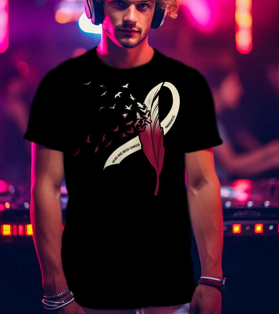 Head And Neck Cancer Awareness Feather Ribbon With Birds T-Shirt