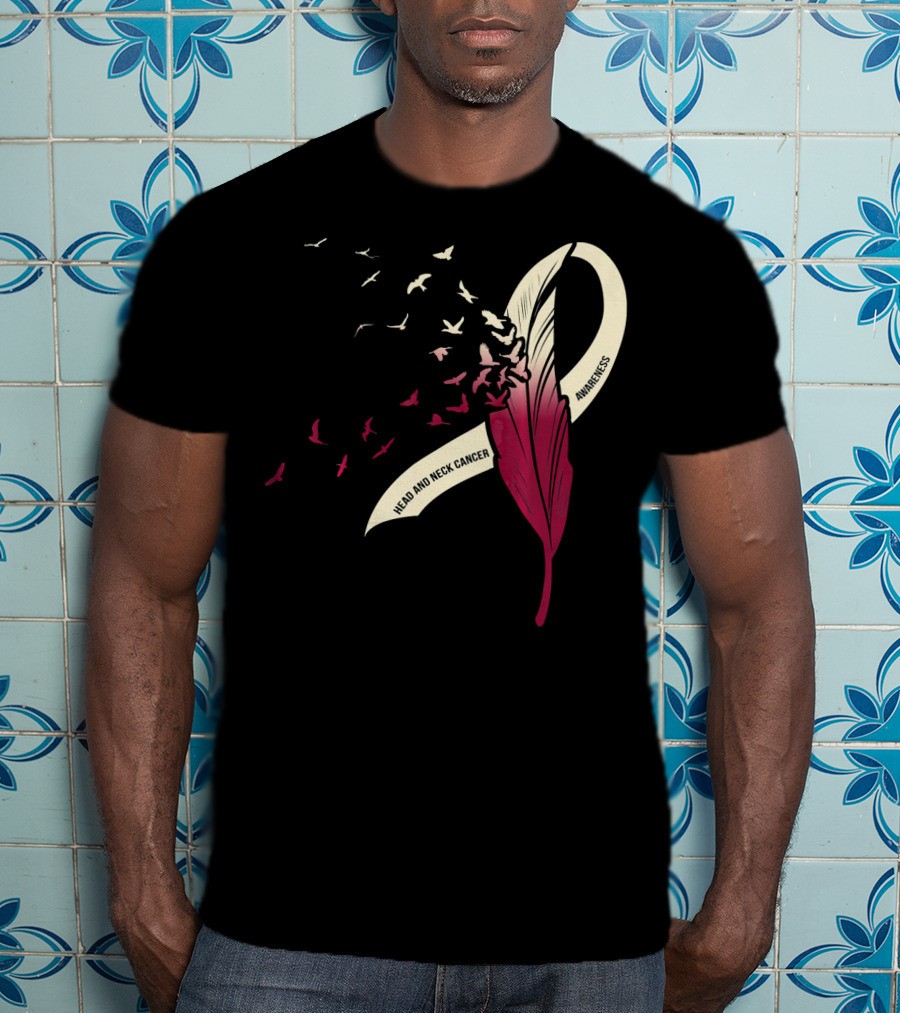 Head And Neck Cancer Awareness Feather Ribbon With Birds T-Shirt