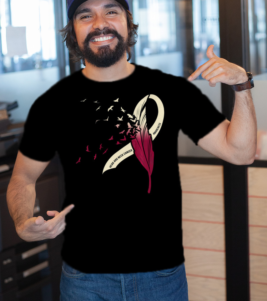 Head And Neck Cancer Awareness Feather Ribbon With Birds T-Shirt