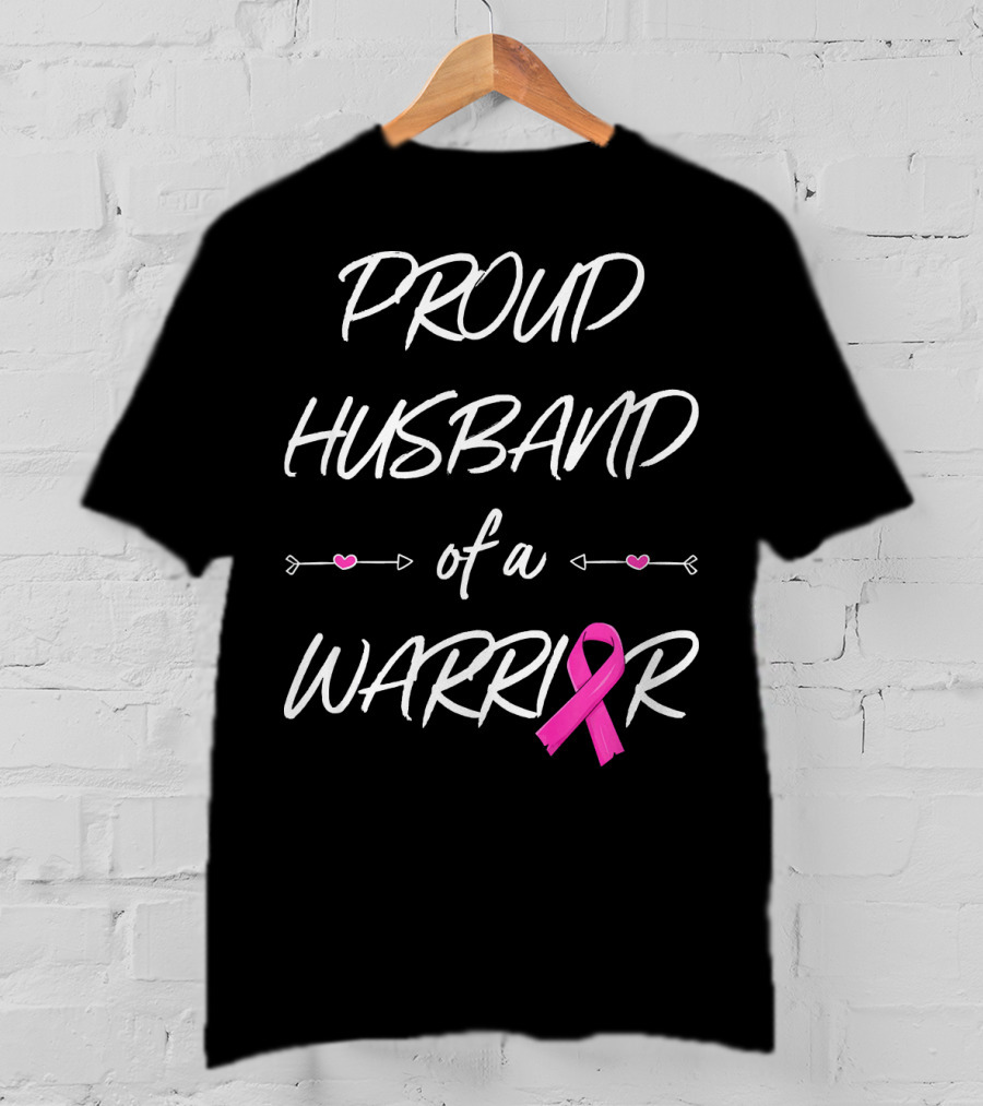 Proud Husband Of A Warrior Breast Cancer Pink Ribbon Hearts T-Shirt