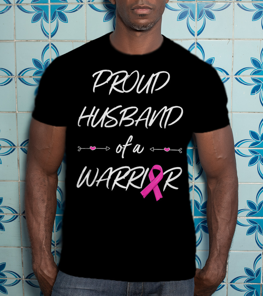 Proud Husband Of A Warrior Breast Cancer Pink Ribbon Hearts T-Shirt