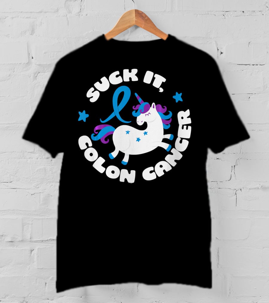 Colon Cancer Awareness Unicorn Suck It Fun T-Shirt