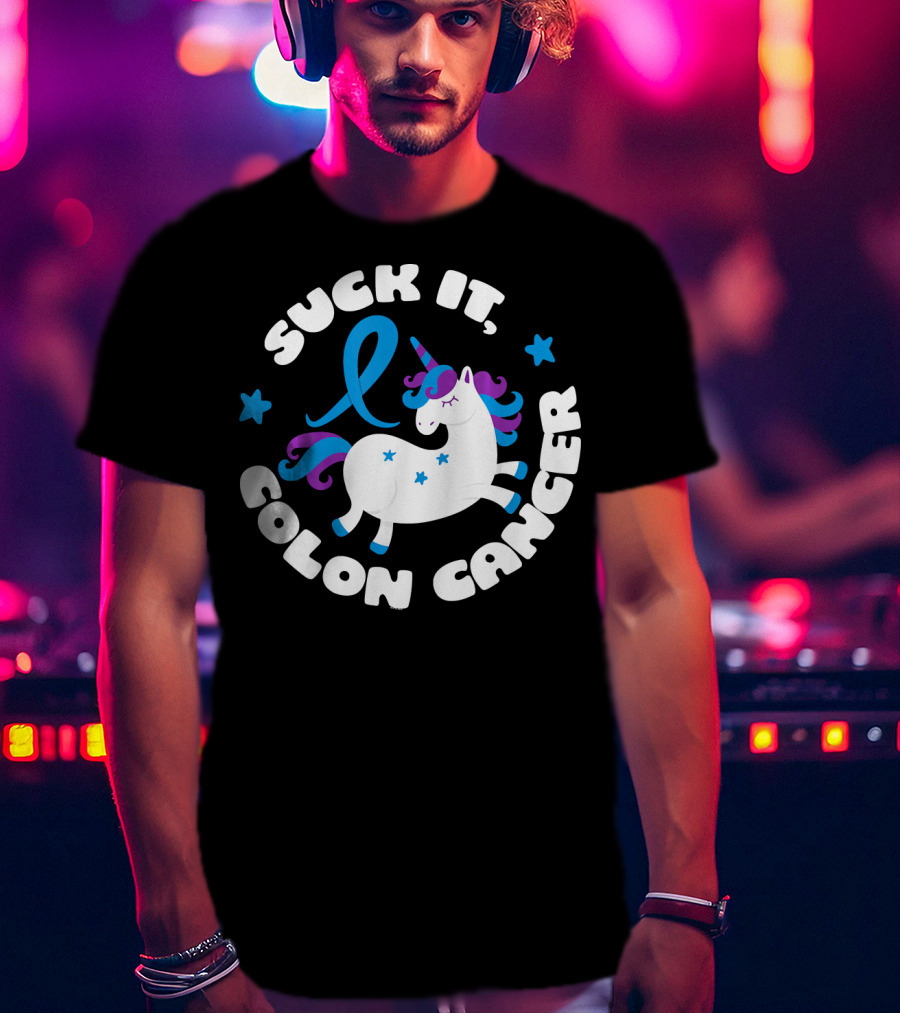 Colon Cancer Awareness Unicorn Suck It Fun T-Shirt