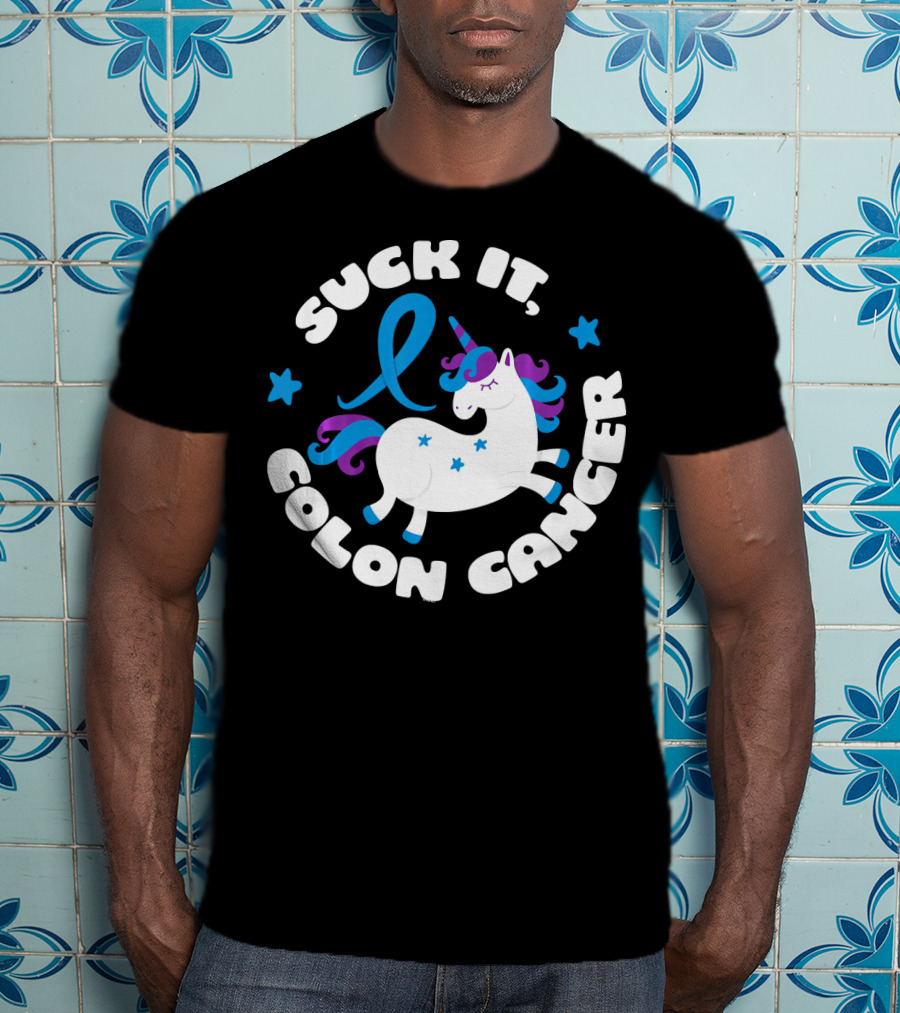 Colon Cancer Awareness Unicorn Suck It Fun T-Shirt