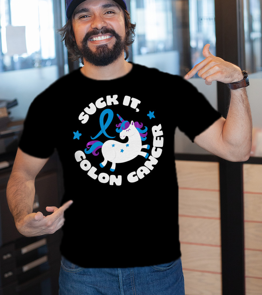 Colon Cancer Awareness Unicorn Suck It Fun T-Shirt