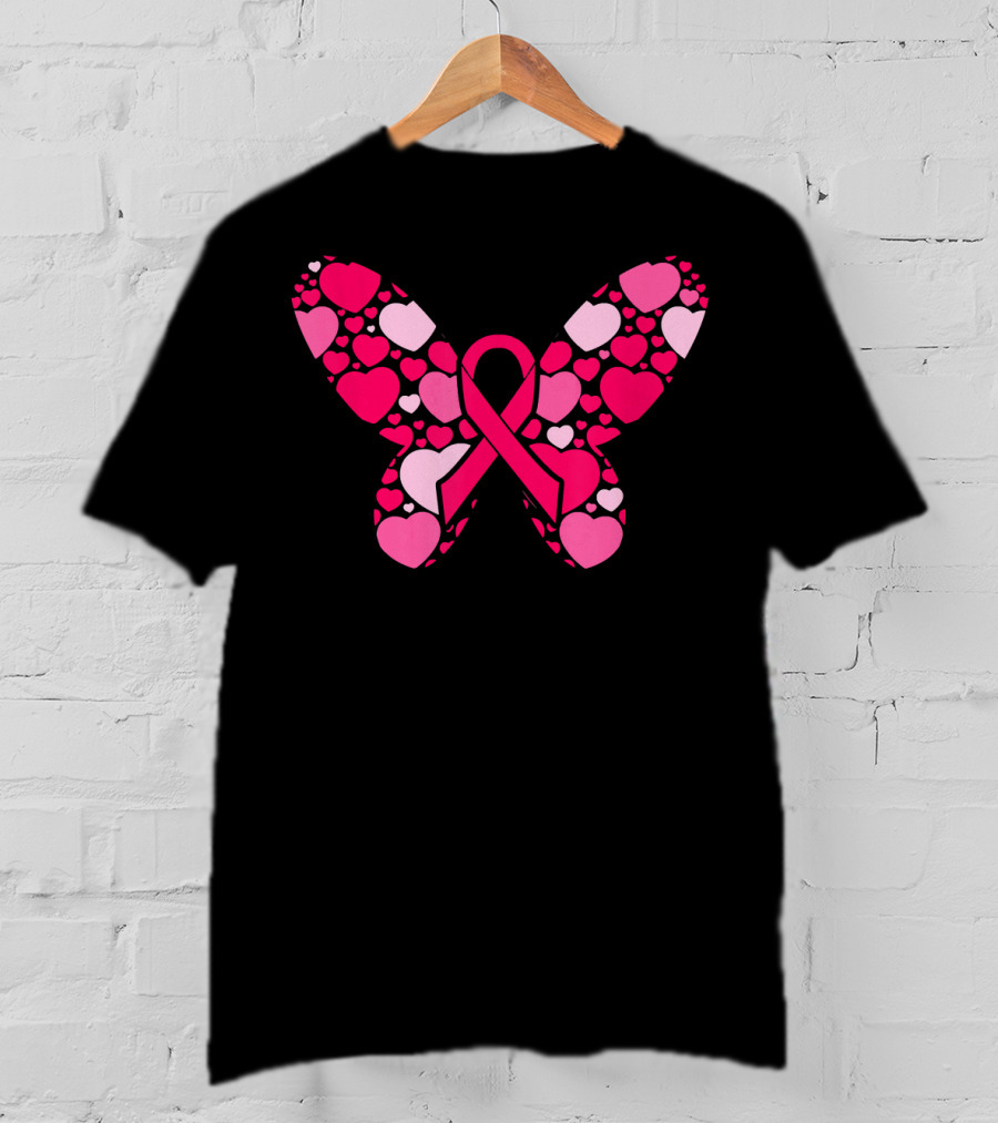 Pink Ribbon Hearts Butterfly Breast Cancer Awareness T-Shirt
