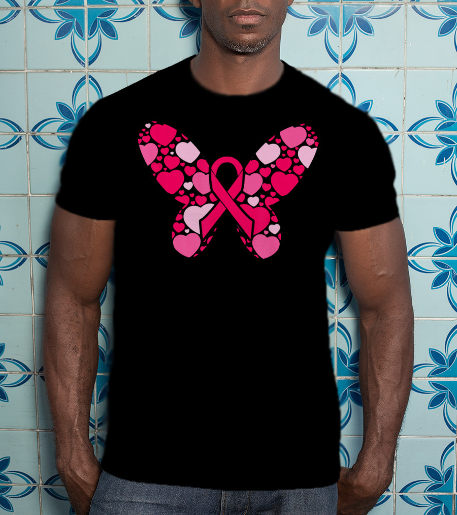 Pink Ribbon Hearts Butterfly Breast Cancer Awareness T-Shirt