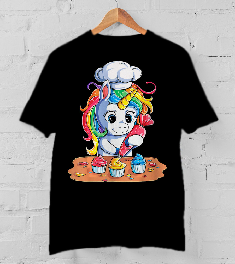 Unicorn Rainbow Chef Decorating Cupcakes Girls Magic T-Shirt
