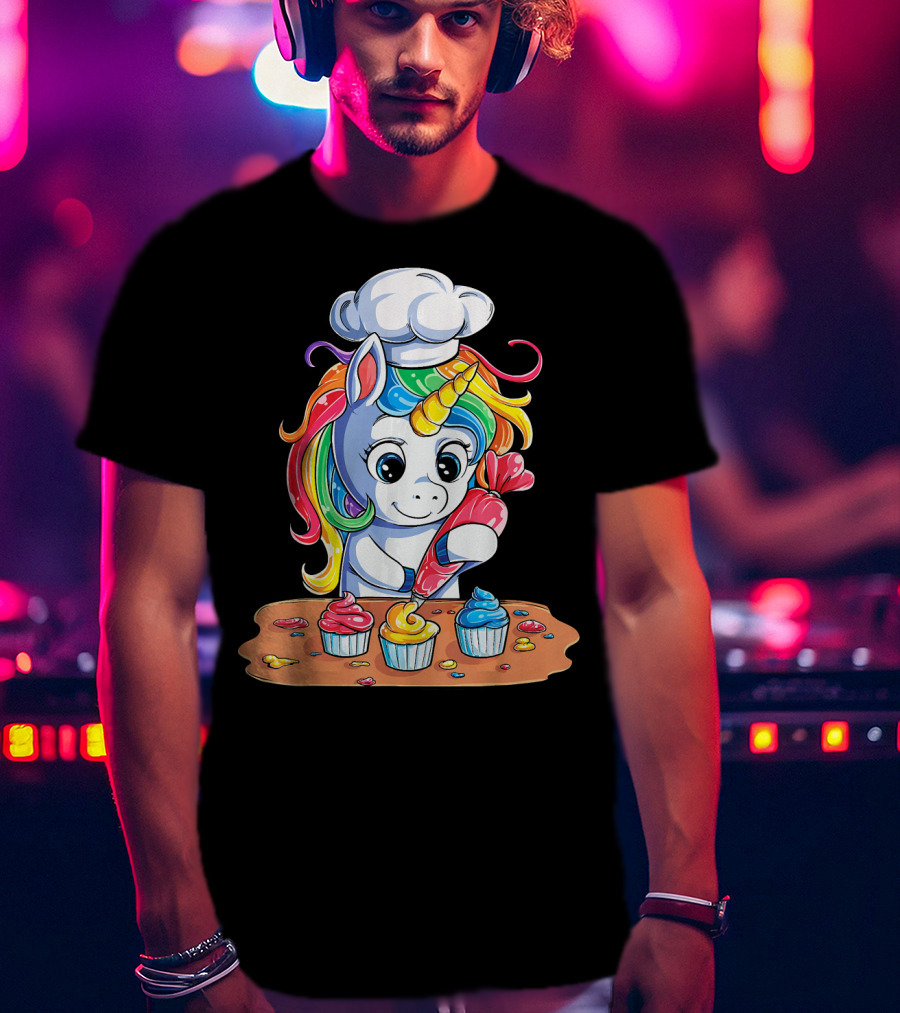 Unicorn Rainbow Chef Decorating Cupcakes Girls Magic T-Shirt