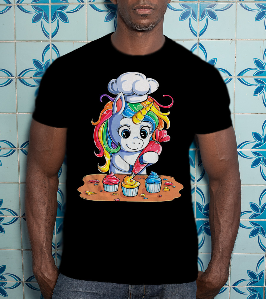 Unicorn Rainbow Chef Decorating Cupcakes Girls Magic T-Shirt