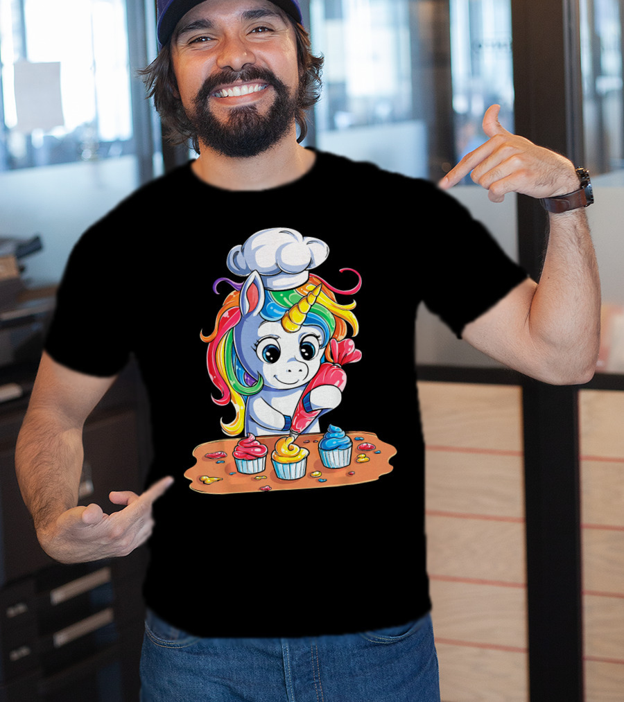 Unicorn Rainbow Chef Decorating Cupcakes Girls Magic T-Shirt