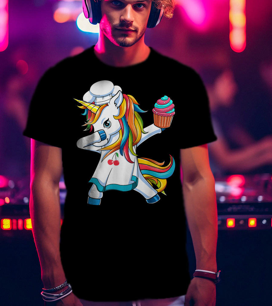 Dabbing Unicorn Rainbow Chef With Cupcake T-Shirt