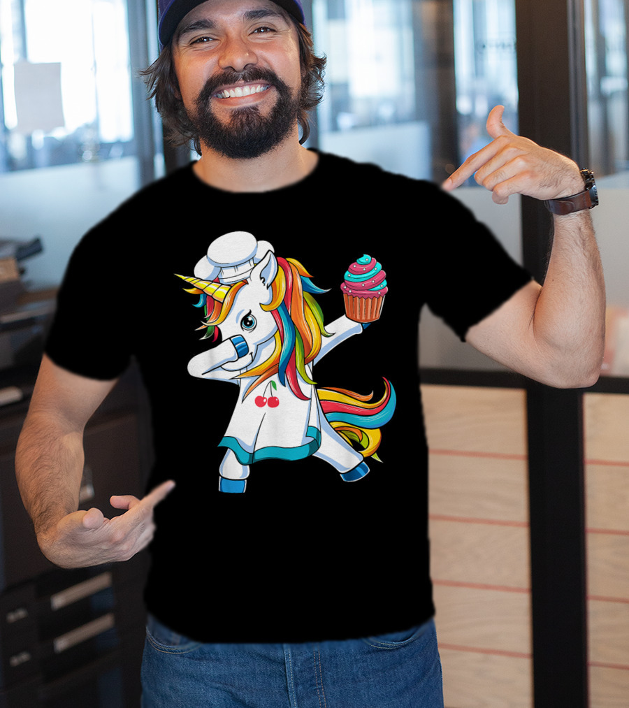 Dabbing Unicorn Rainbow Chef With Cupcake T-Shirt