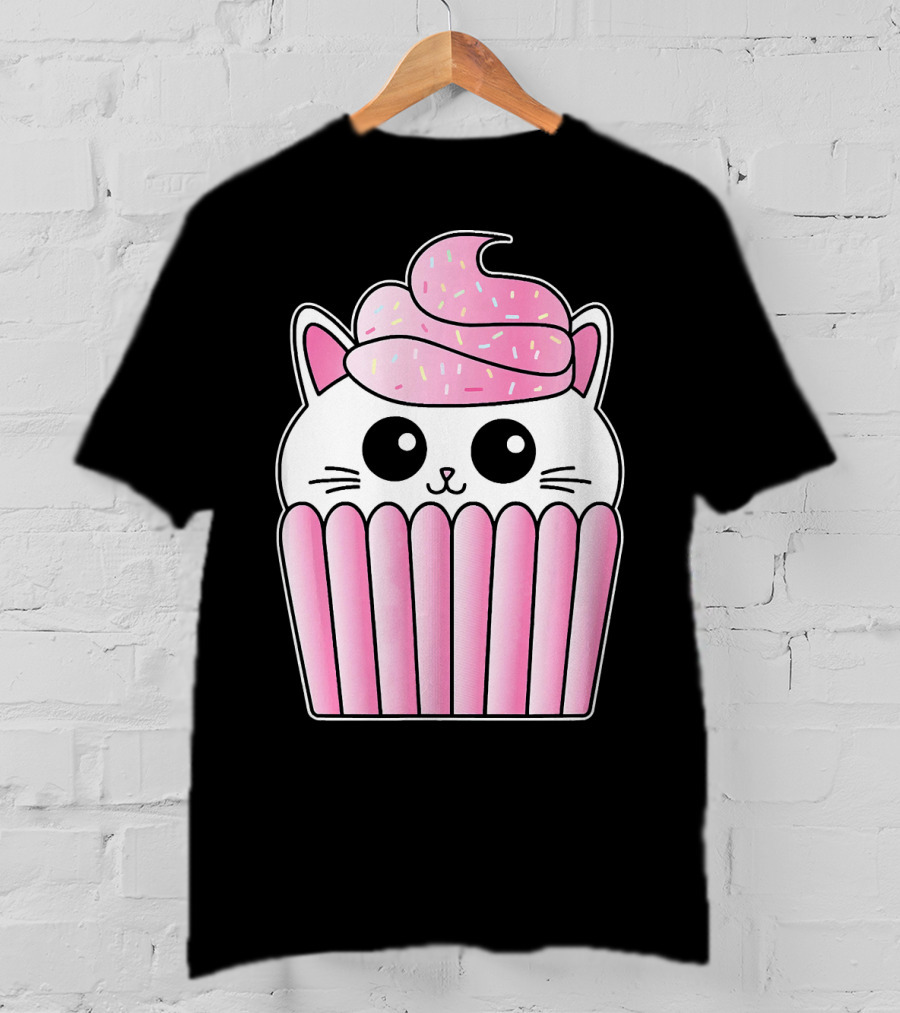 Kawaii Cat Cupcake Muffin In Pink Sweet Delight T-Shirt