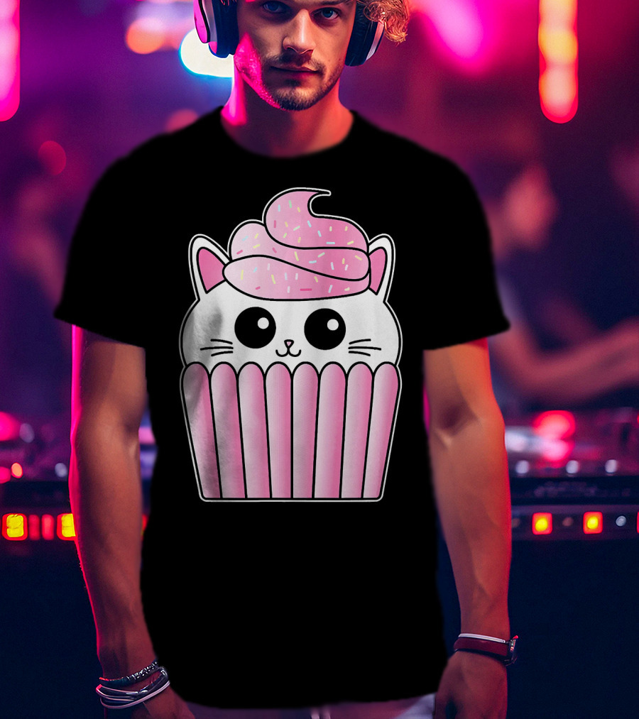Kawaii Cat Cupcake Muffin In Pink Sweet Delight T-Shirt