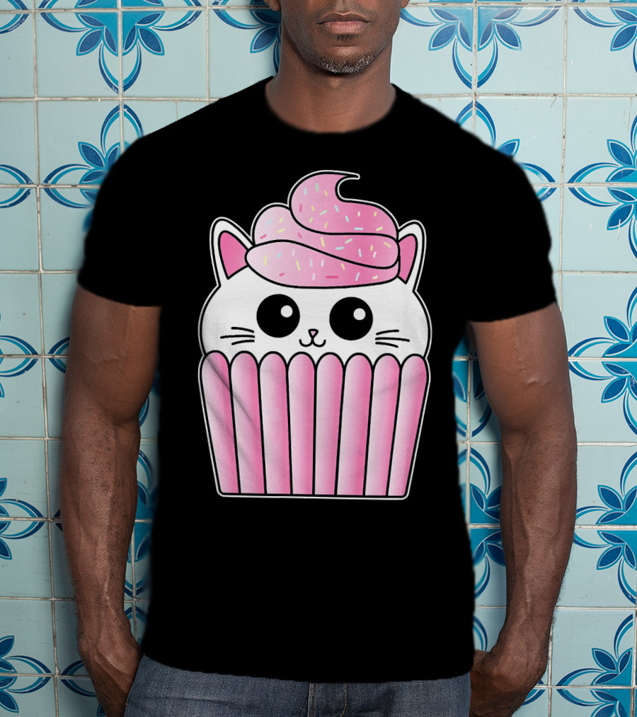 Kawaii Cat Cupcake Muffin In Pink Sweet Delight T-Shirt