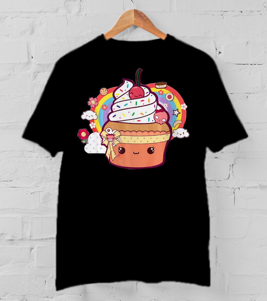 Funny Kawaii Chibi Cupcake With Rainbow And Cute Food Elements T-Shirt
