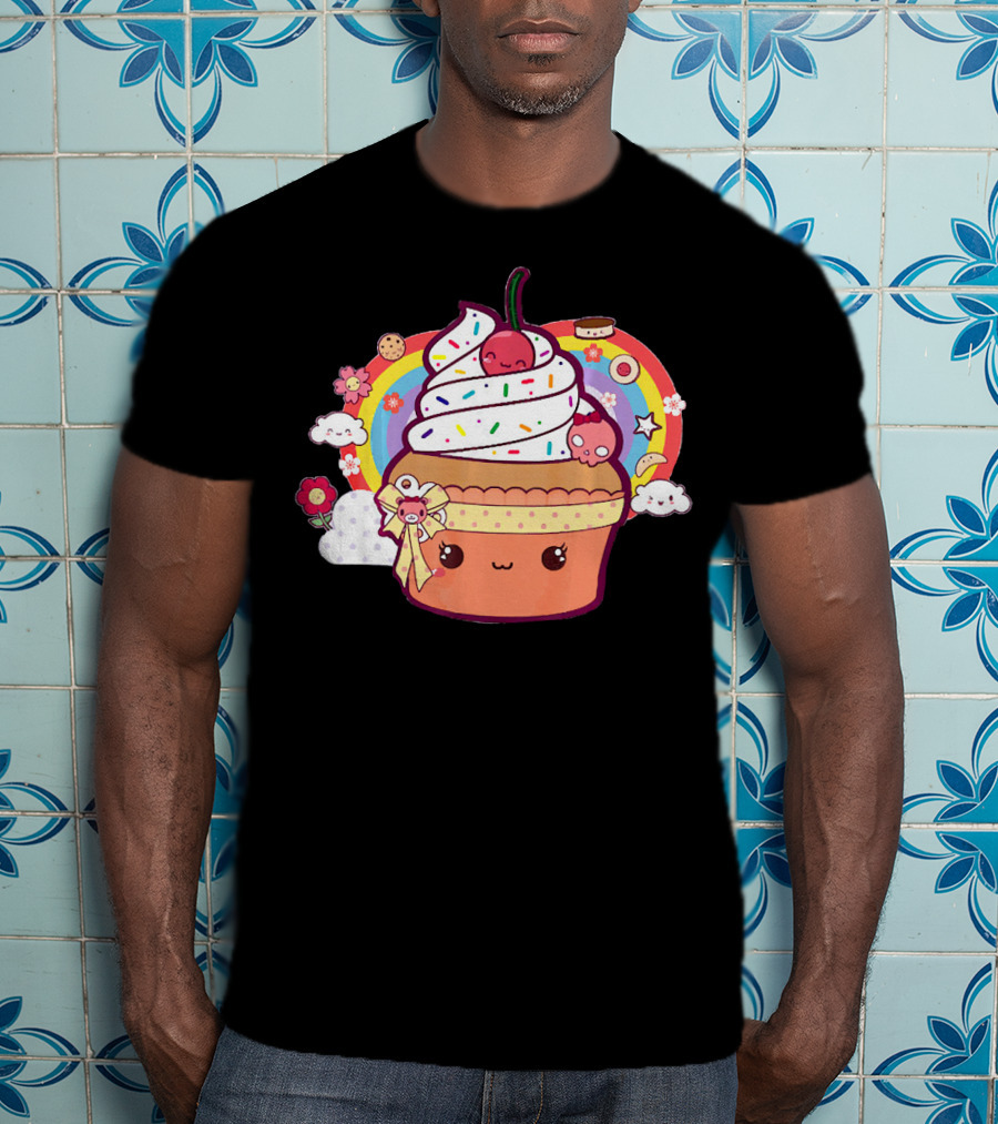 Funny Kawaii Chibi Cupcake With Rainbow And Cute Food Elements T-Shirt
