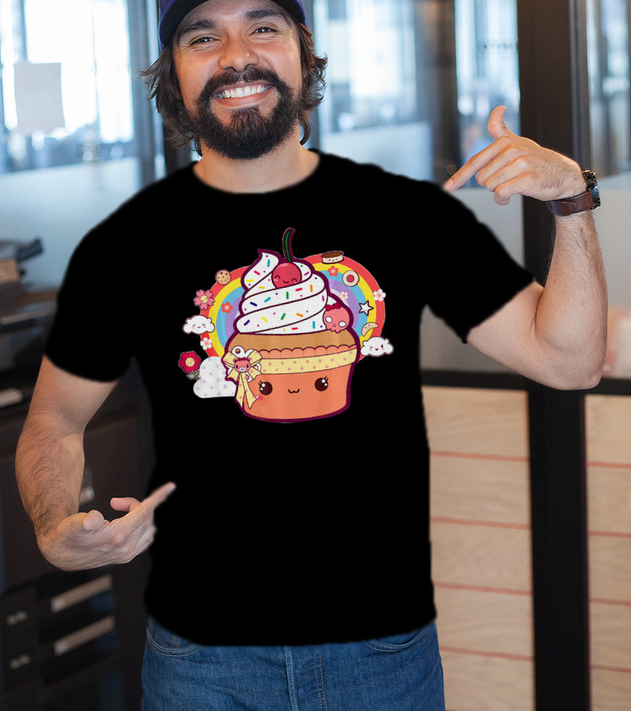 Funny Kawaii Chibi Cupcake With Rainbow And Cute Food Elements T-Shirt