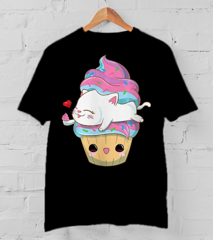 Cute Kawaii Cat On Pastel Sprinkles Cupcake With Heart Balloon T-Shirt
