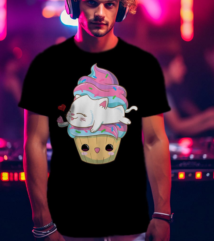 Cute Kawaii Cat On Pastel Sprinkles Cupcake With Heart Balloon T-Shirt
