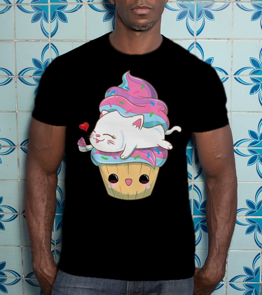 Cute Kawaii Cat On Pastel Sprinkles Cupcake With Heart Balloon T-Shirt