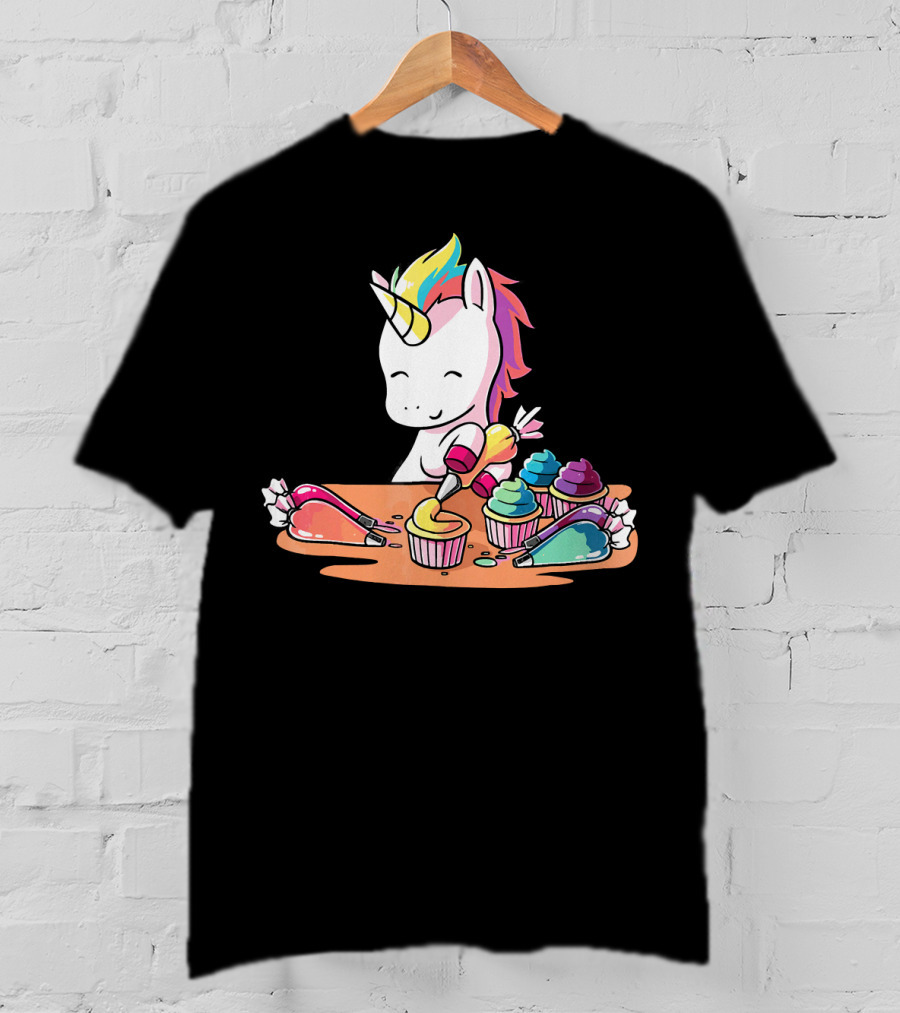 Unicorn Decorating Colorful Cupcakes With Rainbow Frosting T-Shirt