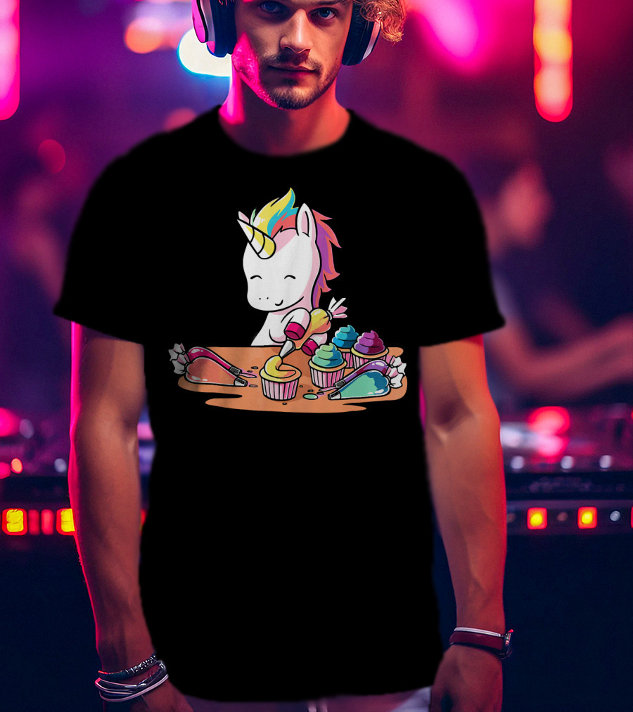 Unicorn Decorating Colorful Cupcakes With Rainbow Frosting T-Shirt