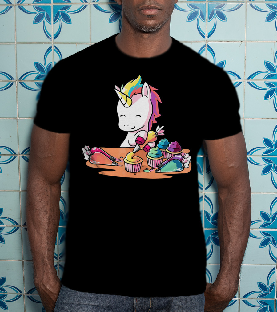 Unicorn Decorating Colorful Cupcakes With Rainbow Frosting T-Shirt