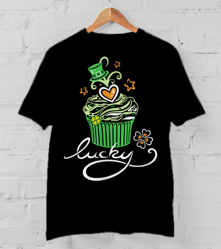 Lucky Green Cupcake With St Patrick's Day Hat And Shamrock T-Shirt