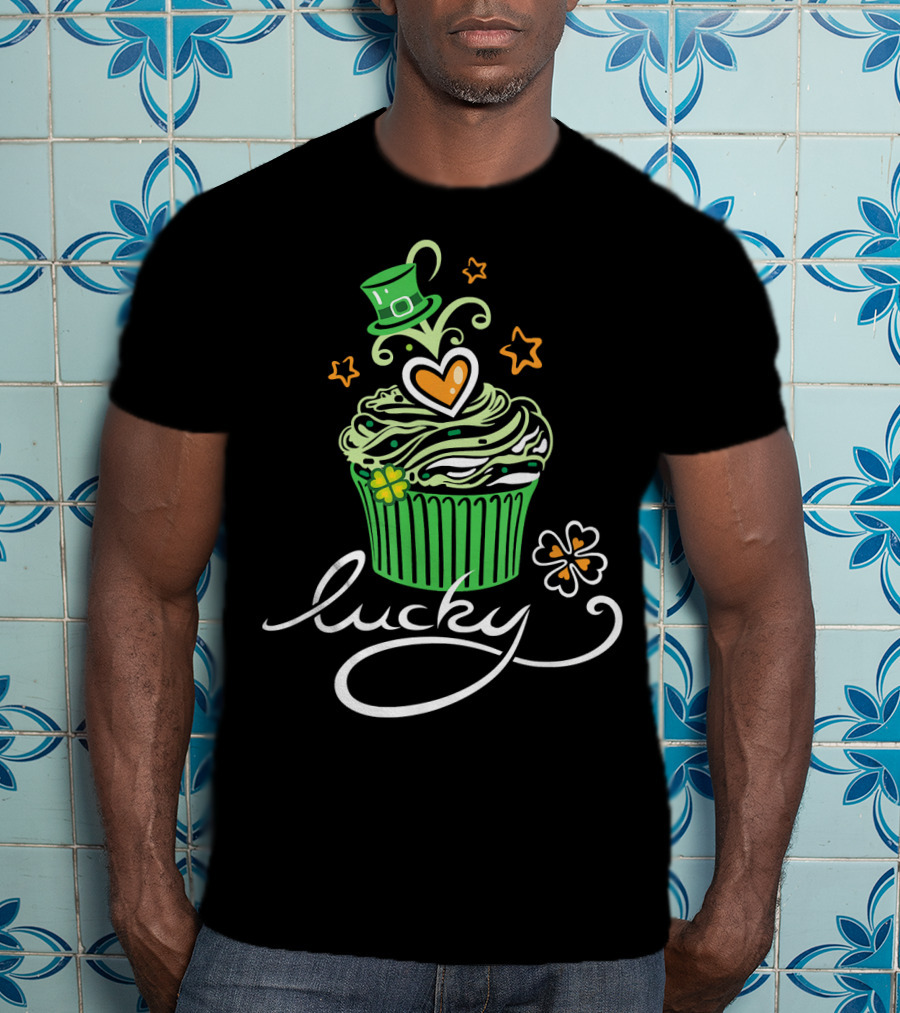Lucky Green Cupcake With St Patrick's Day Hat And Shamrock T-Shirt