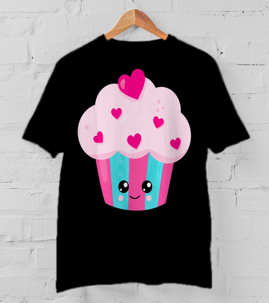 Kawaii Pink Hearts Cupcake With Cute Happy Face T-Shirt
