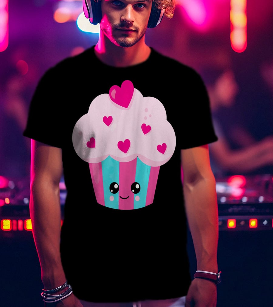 Kawaii Pink Hearts Cupcake With Cute Happy Face T-Shirt