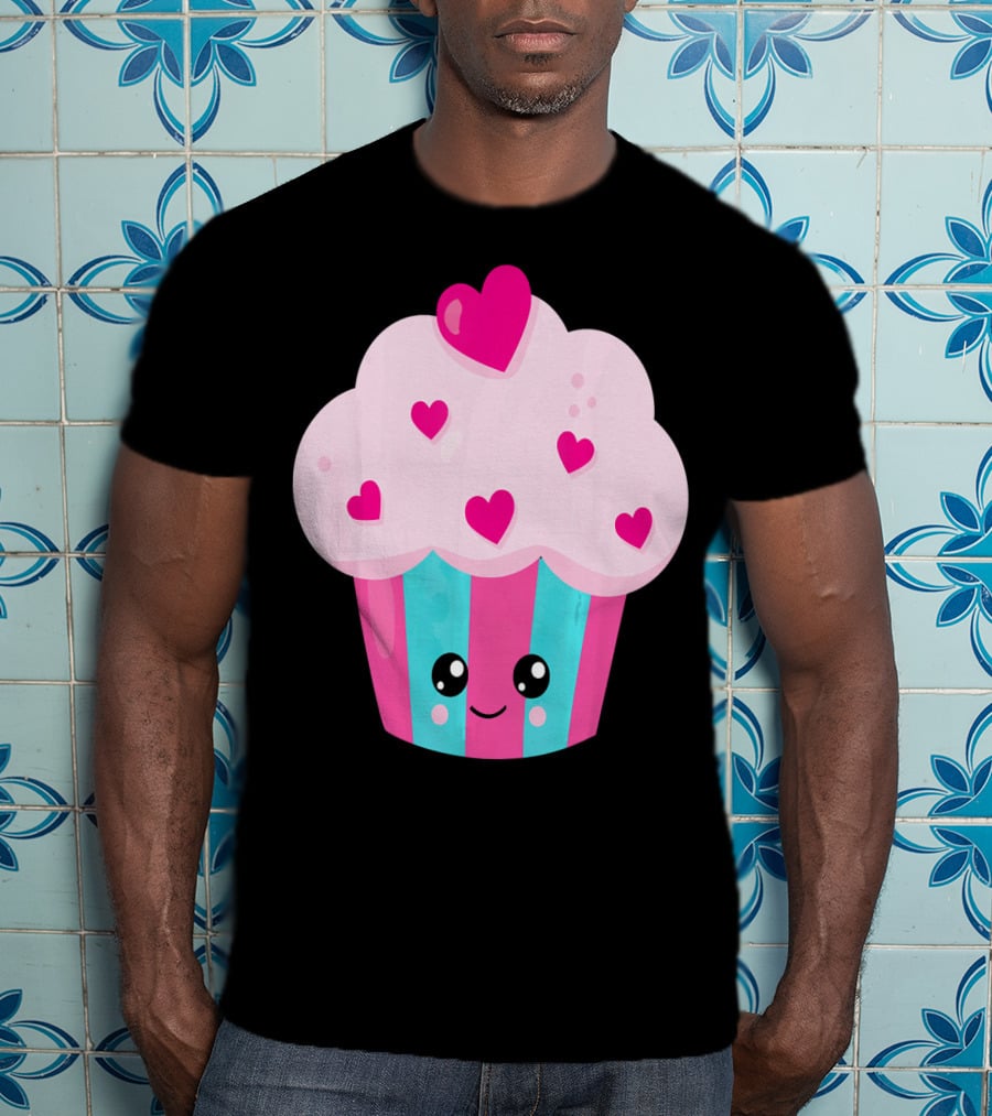 Kawaii Pink Hearts Cupcake With Cute Happy Face T-Shirt